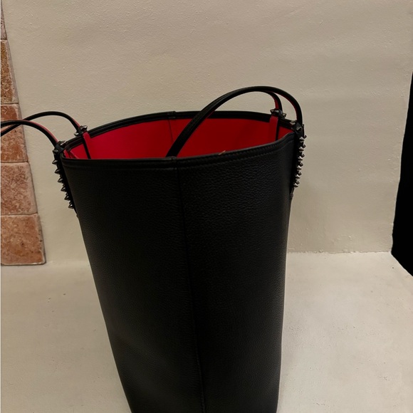 Black Tote Bag with Red Interior and Studded Handles - Picture 5 of 8